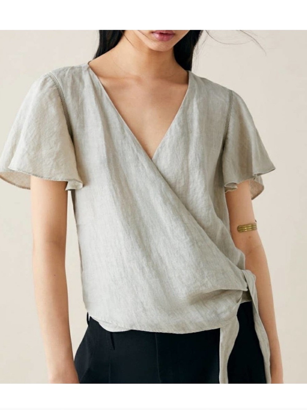 Zara Light Beige 100% Linen Wrap Flutter-Sleeve Blouse Size Small